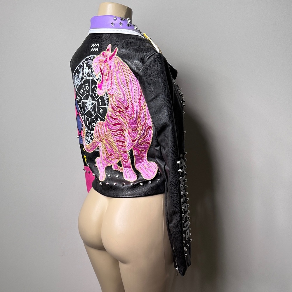 Studded Black Leather Biker Jacket with Pink & Purple Colorblock - Picture 7 of 8